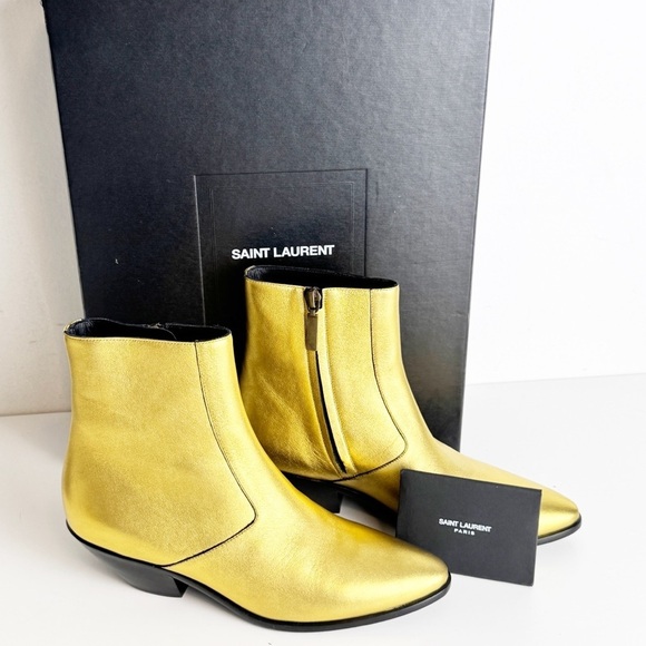 NWT Saint Laurent West 45 Gold Ankle Boots size 37.5 - Picture 1 of 10